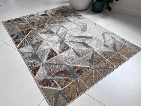 Maximus 242 Polyester Viscose Blend Fabric - Silver With Gold Geometric Design, Color-Changing Flat Weave, 10' X 13' (1 Rug)