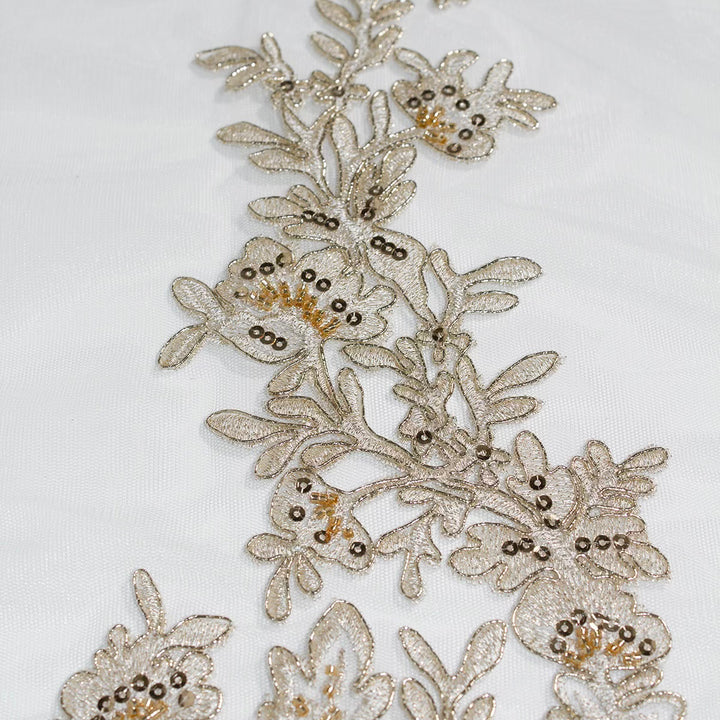 1 Yard Beaded Corded Bridal Lace Fabric Embroidered on Polyester Net White