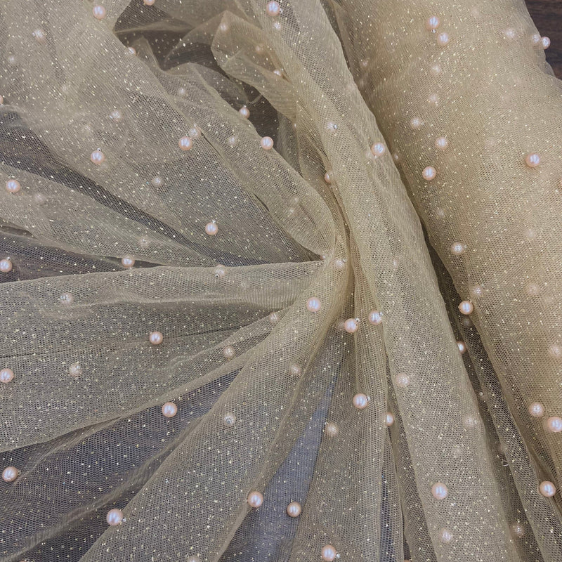 1 Yard Glitter Mesh Lace Fabric with Scattered Pearls 2-Way Stretch 60" Wide by Lace USA