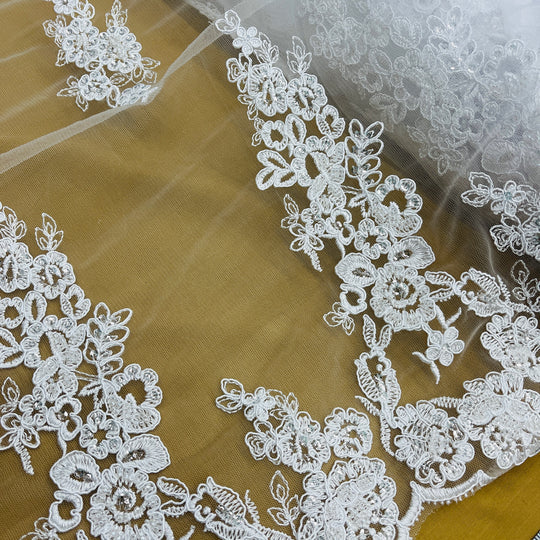 1 Yard Beaded and Corded Bridal Lace Fabric Embroidered on Polyester Net Mesh 54 inch Width