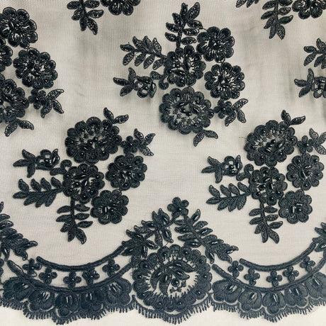 Beaded Corded Bridal Lace Fabric on Polyester Net Mesh