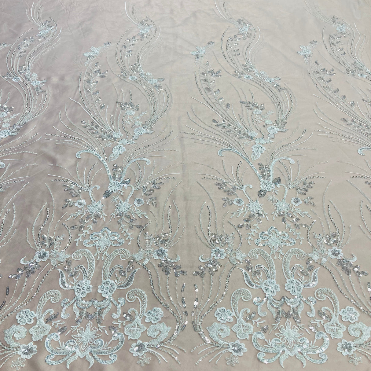 Beaded Lace Fabric - Embroidered On 100 Percent Polyester Net Mesh, Gold, Silver, Ivory, White, 54" Width (1 Yard)