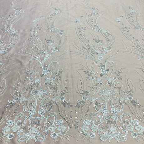 Beaded Lace Fabric - Embroidered On 100 Percent Polyester Net Mesh, Gold, Silver, Ivory, White, 54" Width (1 Yard)