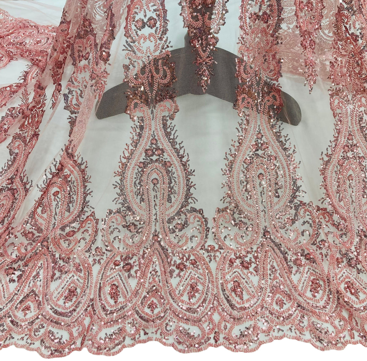 Beaded Lace Fabric Embroidered On 100 Percent Polyester Net Mesh Fabric - Rose Gold, Red, Blush, 51" Wide (1 Yard)