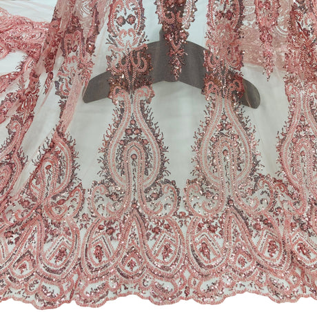 Beaded Lace Fabric Embroidered On 100 Percent Polyester Net Mesh Fabric - Rose Gold, Red, Blush, 51" Wide (1 Yard)