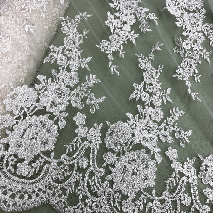 1 Yard Corded Bridal Lace Fabric Embroidered on Net Mesh White