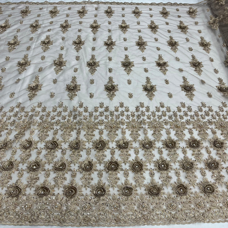 Beaded 3D Floral Lace Fabric - Embroidered On 100 Percent Polyester Net Mesh, Skin, Taupe, Silver, 54" Width (1 Yard)