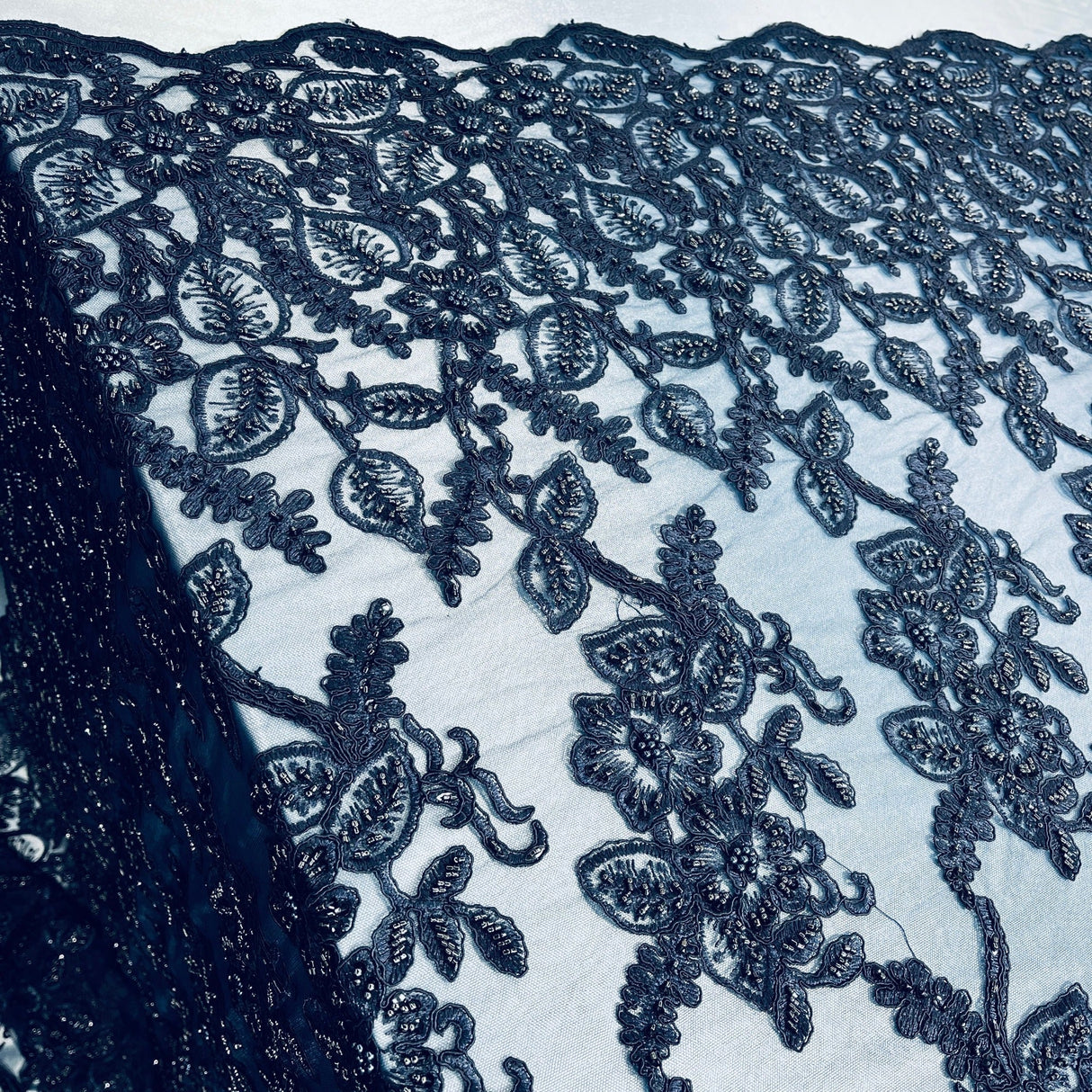 Beaded Corded Lace Fabric on Polyester Net Mesh