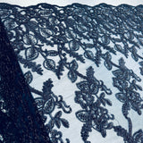 Beaded Corded Lace Fabric on Polyester Net Mesh