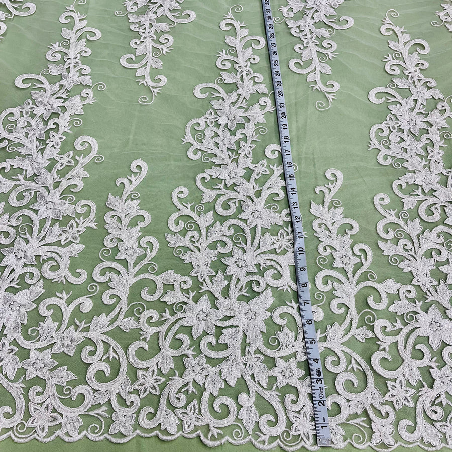 1 Yard Ivory Beaded and Corded Bridal Lace Fabric Embroidered on 100 Percent Polyester Net Mesh 51 Inch Width