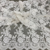 1 Yard Ivory Beaded and Corded Bridal Lace Fabric Embroidered on Polyester Net Mesh 48 Inch Width