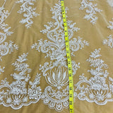 Beaded Lace Fabric Embroidered On 100 Percent Polyester Net Mesh - White, Ivory, Antique Silver, 53" Width (1 Yard)