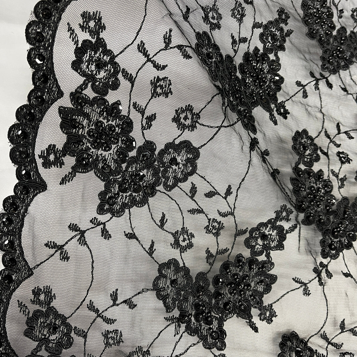 Beaded Corded Lace Fabric on Polyester Net Mesh