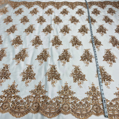 1 Yard Beaded and Corded Lace Fabric Embroidered on Polyester Net Mesh