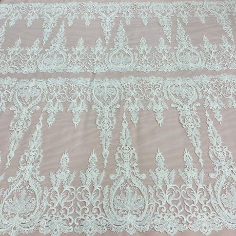 1 Yard Beaded and Corded Bridal Lace Fabric Embroidered on Polyester Net Mesh White Ivory Blush and Gold