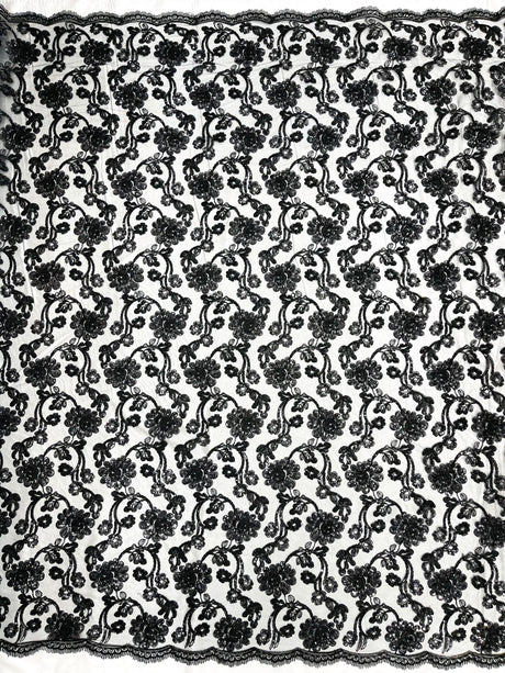 Pamela Floral Lace Polyester Fabric - Floral Corded Embroidered Sequin Lace, 50-54" Width (1 Yard)