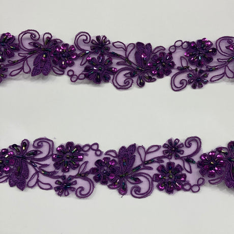Beaded Corded Lace Trimming Embroidered On 100% Polyester Organza Fabric - 2" Width, 21 Colors (1 Yard)