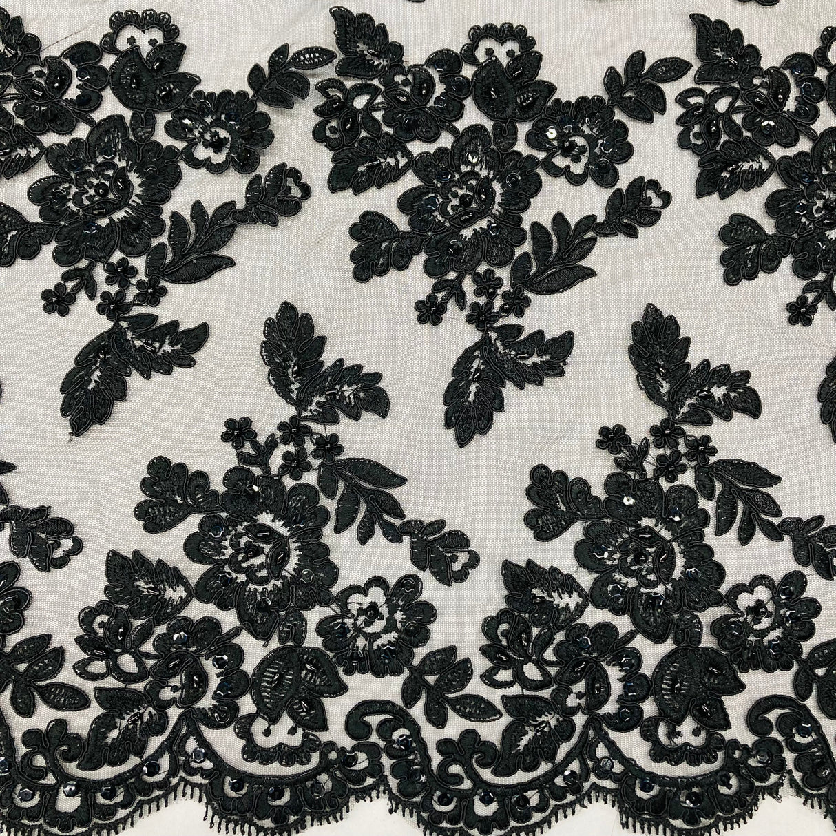 Beaded Corded Bridal Lace Fabric - Embroidered 100 Percent Polyester Net Mesh, 50" Wide (1 Yard)