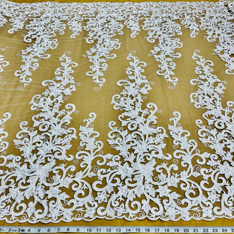 1 Yard Beaded and Corded Bridal Lace Fabric Embroidered on Polyester Net Mesh 51 inch Width