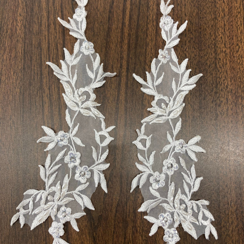 1 Yard Beaded Floral Lace Applique Embroidered on 100% Polyester Organza 10" x 2.5" Each Side
