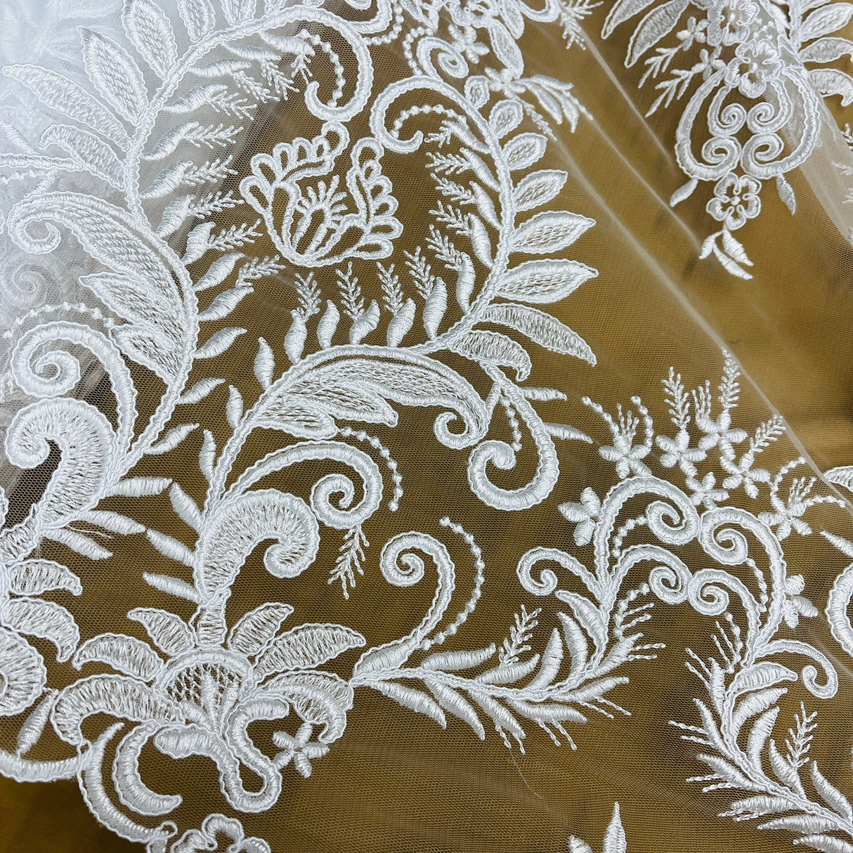 Corded Bridal Lace Fabric - Embroidered Floral Pattern, 52" Wide (1 Yard)