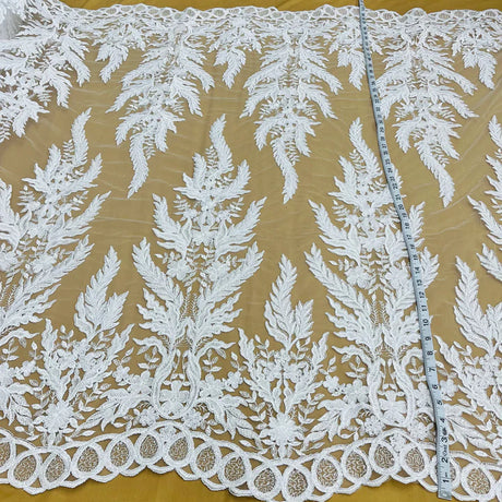 1 Yard Beaded Corded Bridal Lace Fabric Embroidered on Polyester Net Mesh Width 51 Inches
