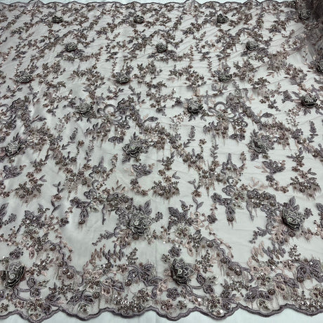 1 Yard Beaded Rhinestone 3D Floral Lace Fabric Embroidered 100 Percent Polyester Net Mesh 50 inch Width