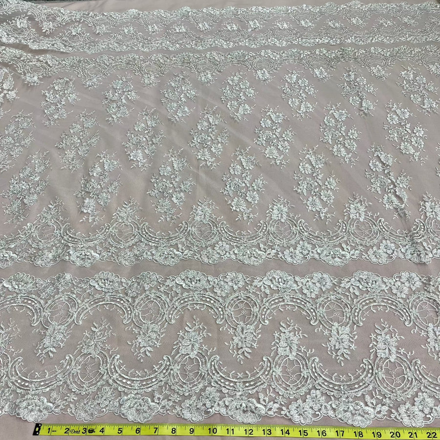 1 Yard Luxurious Beaded and Corded Bridal Lace Fabric Embroidered on 100% Polyester Net Mesh White