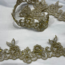 Beaded Corded Lace Trimming Embroidered On 100 Percent Polyester Organza Fabric - Gold, Lime Green, Ivory With Gold, 2" Width (1 Yard)
