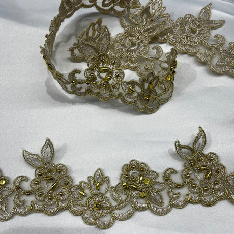 Beaded Corded Lace Trimming Embroidered On 100 Percent Polyester Organza Fabric - Gold, Lime Green, Ivory With Gold, 2" Width (1 Yard)