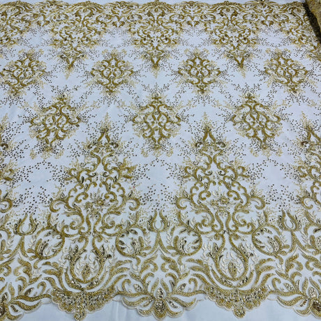 Beaded Corded Bridal Lace Polyester Fabric - Embroidered Net Mesh, White, Ivory, Silver, Gold, 56" Wide (1 Yard)