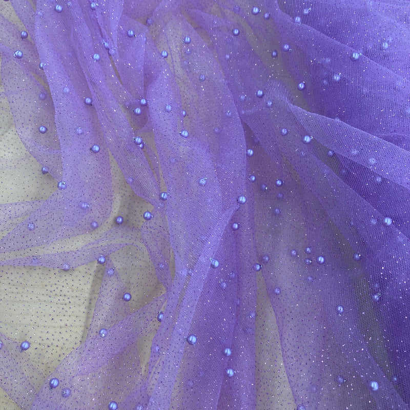 Glitter Mesh Fabric With Scattered Pearls - 2-Way Stretch Sheer Mesh, 60" Width (1 Yard)