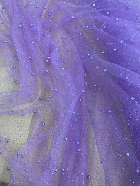 Glitter Mesh Fabric With Scattered Pearls - 2-Way Stretch Sheer Mesh, 60" Width (1 Yard)