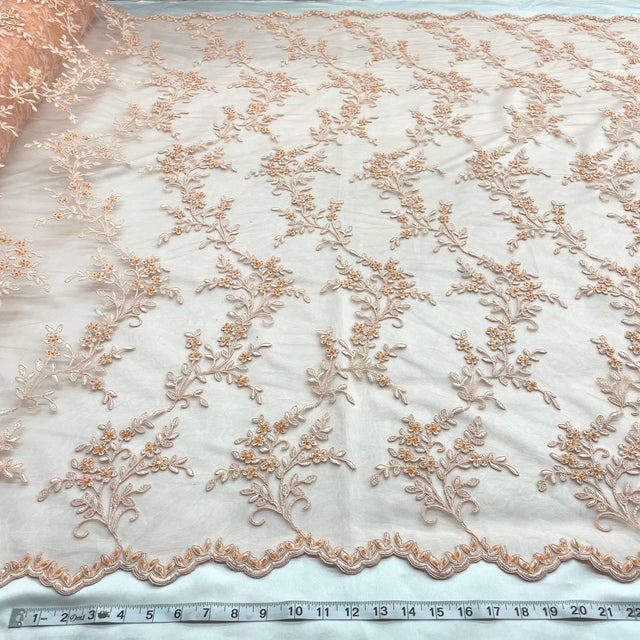 Beaded Corded Bridal Lace Fabric 52" Peach Lime Green