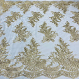 Beaded Corded Bridal Lace Fabric - Embroidered Polyester Net Mesh, 50" Width, Gold, Silver, Ivory, White (1 Yard)