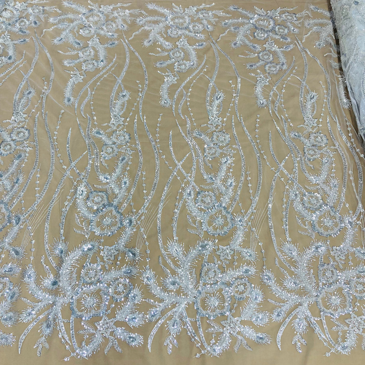 Beaded Sequined Lace Fabric Ivory Silver