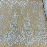 Beaded Sequined Lace Fabric Ivory Silver