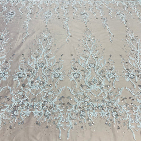1 Yard Ivory Beaded Lace Fabric Embroidered on 100 Percent Polyester Net Mesh 52 Inch Width