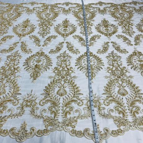 1 Yard Elegant Beaded & Corded Bridal Lace Fabric on 100% Polyester Net Mesh - White