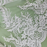 1 Yard Elegant Beaded and Corded Bridal Lace Fabric Embroidered on 100% Polyester Net Mesh White