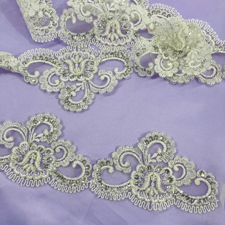 Beaded & Corded Lace Trimming Embroidered On 100 Percent Polyester Net Mesh Fabric - Ivory With Silver, White, 4" Width (1 Yard)