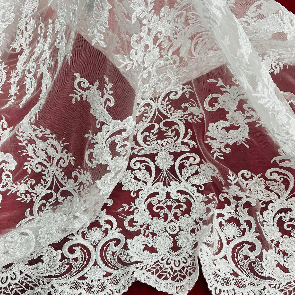 Ethereal Elegance Beaded Corded Bridal Embroidered Lace Polyester Fabric - White, Gold, Ivory, Silver, Rose Gold, 54" Width (1 Yard)