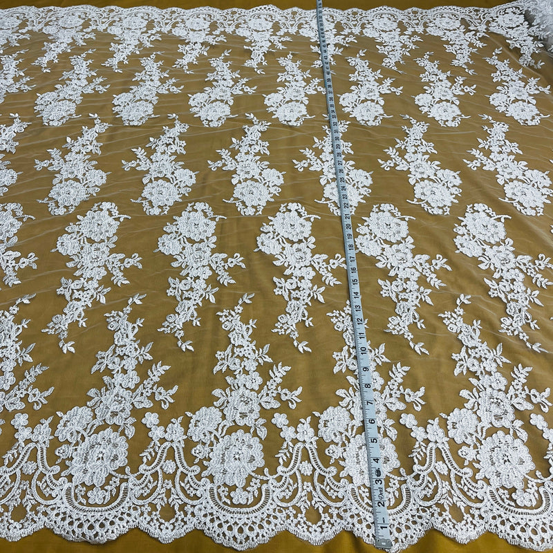 Corded Bridal Lace Fabric - Embroidered Floral Design, 54" Width (1 Yard)