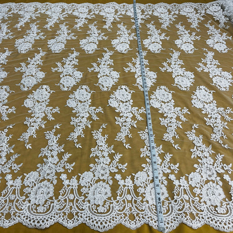 Corded Bridal Lace Fabric - Embroidered Floral Design, 54" Width (1 Yard)