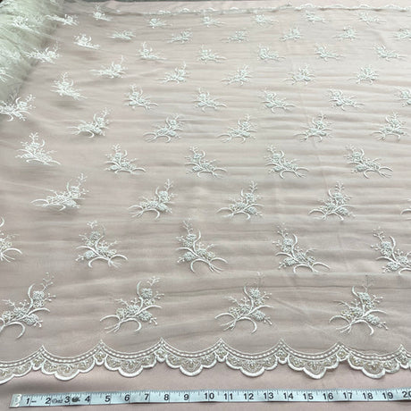 1 Yard Beaded Lace Fabric Embroidered on 100% Polyester Net Mesh | Lace USA - 31393W-BP - Ivory - 52" Wide
