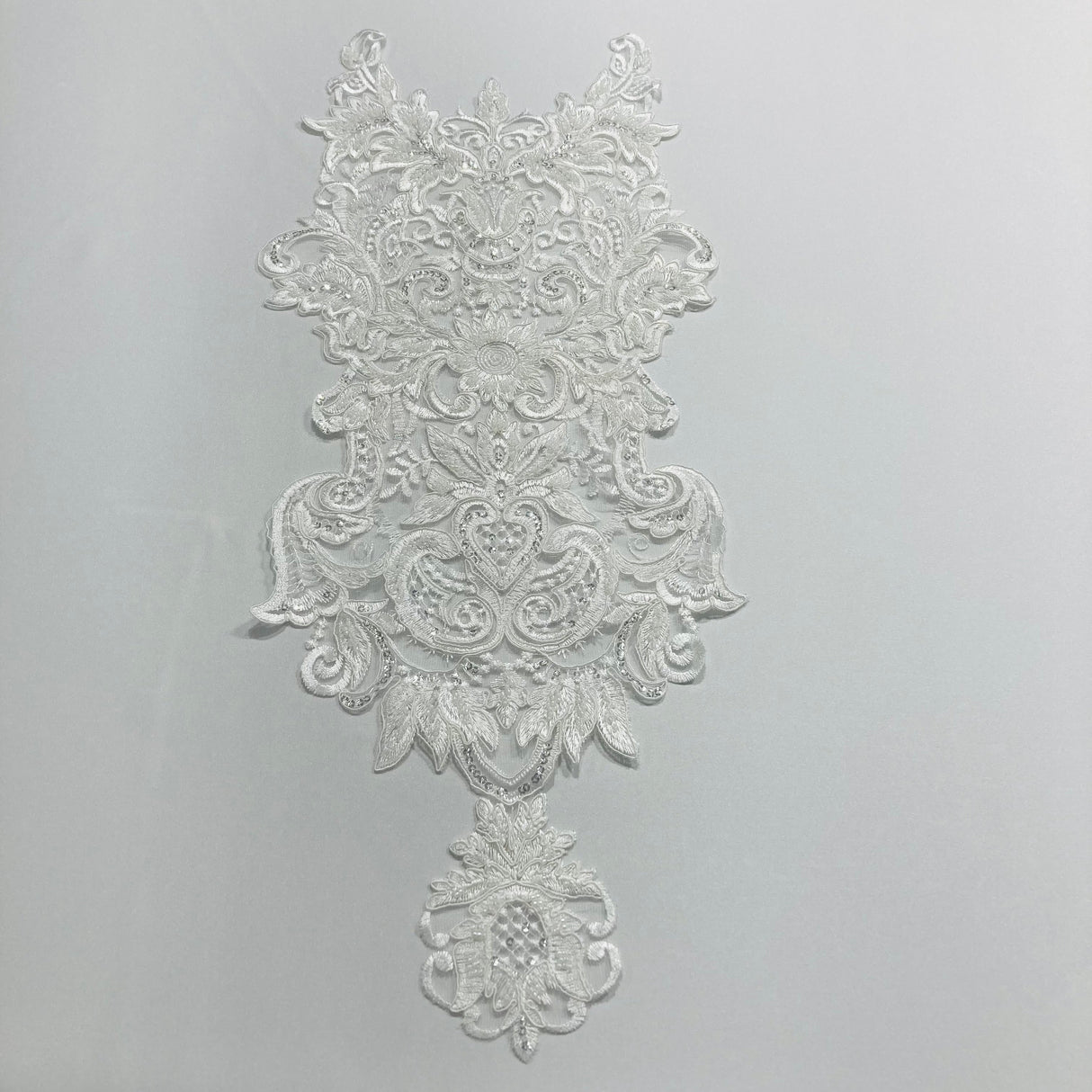 Beaded Corded Lace Medallion Applique Polyester Fabric - Gold, Ivory, White, 25" X 10.5" (1 Piece)