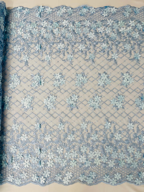 Lia 3D Floral Design Lace Fabric - Beaded Mesh, Double Scallop, 54" Width (1 Yard)
