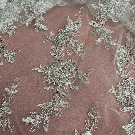 1 Yard Beaded and Corded Bridal Fabric Lace Embroidered on Polyester Net Mesh 51 inch Width