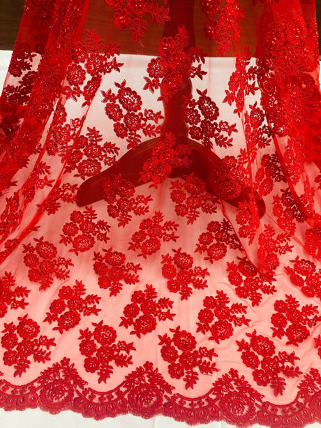 Beaded Corded Bridal Lace Fabric on Polyester Net Mesh