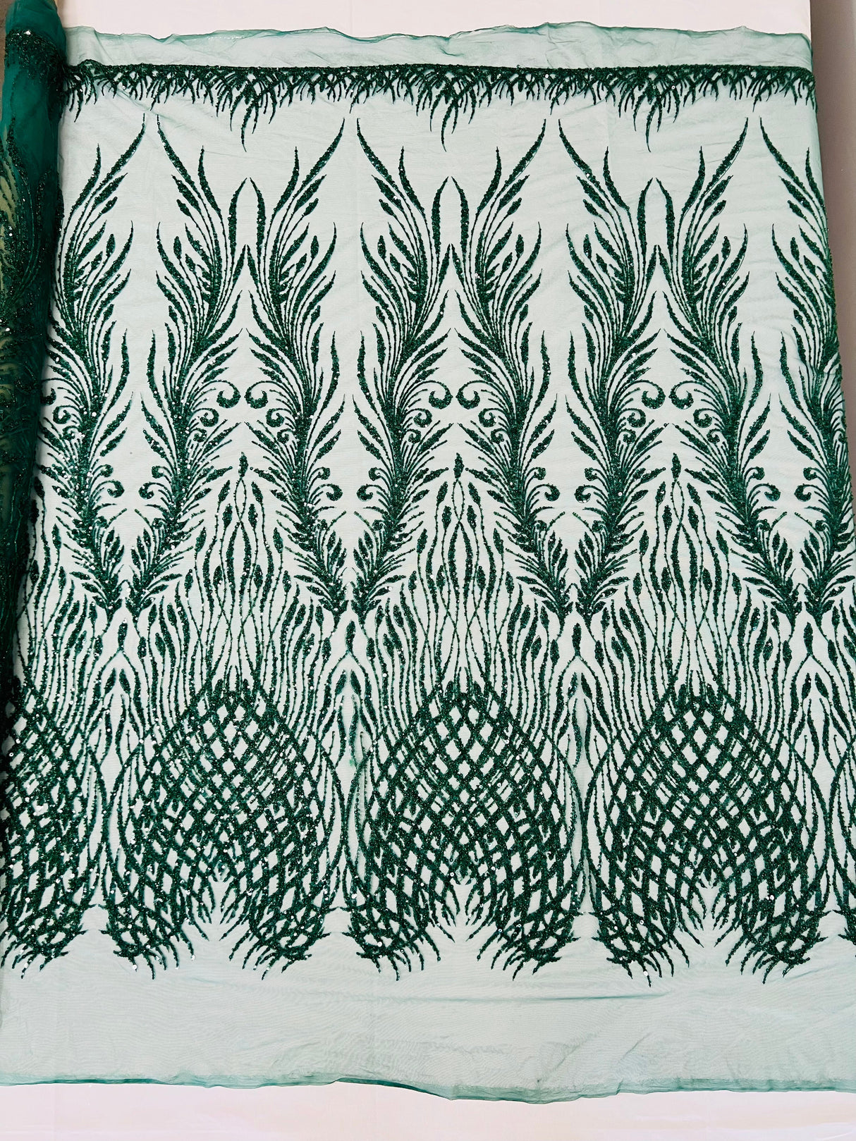 Wing Feather Damask Beaded Lace Fabric - Feather Damask, Beaded Mesh Lace, 50-54" Width (1 Yard)